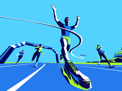 Marathon athlete blue character design field foreshortening illustration marathon physical race run running shoes sneakers track