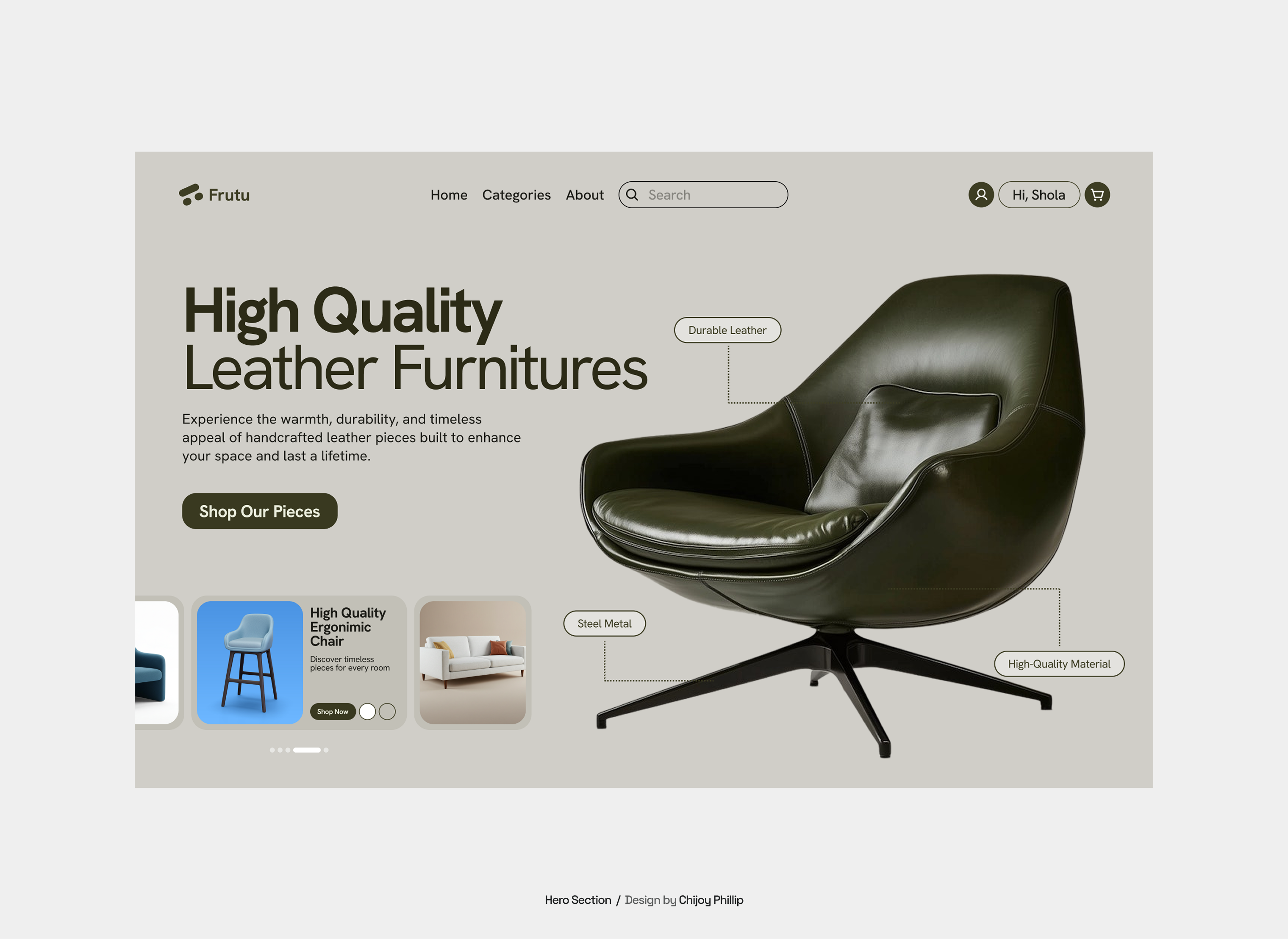 Frutu - Web Design for Furniture Store figma framer furniture hero section furniture store furnitures landing page leather furniture lummi store ui uiux user interface