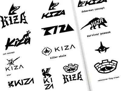 Kiza - Clothing Label Sketches badge design black branding brandmark clothing label dog emblem goth graffiti icon identity illustration killer whale lettering logo logos possum print typography