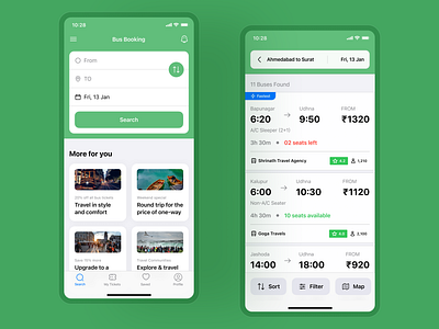 Book Your Bus Adventure! A Bus Booking App Concept for iOS app apple bookin bookings app bus bust ticket booking app cards dail filter green ios product design search sort ticket tickets top navigation bar ui uiux user interface