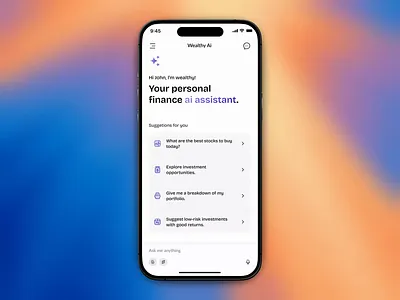 Wealthy – AI-Powered Personal Finance Assistant ai ai app ai chat ai chatboat app branding chat chatboat finance finance app fintech interaction investment minimal mobile app ui uiux ux wealth wealth app