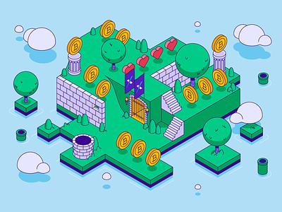 Blog Cover - Gamification bitcoin clouds coins crypto crypto game crypto games game games gamification hellsjells illustration island isometric line paxful platformer stroke