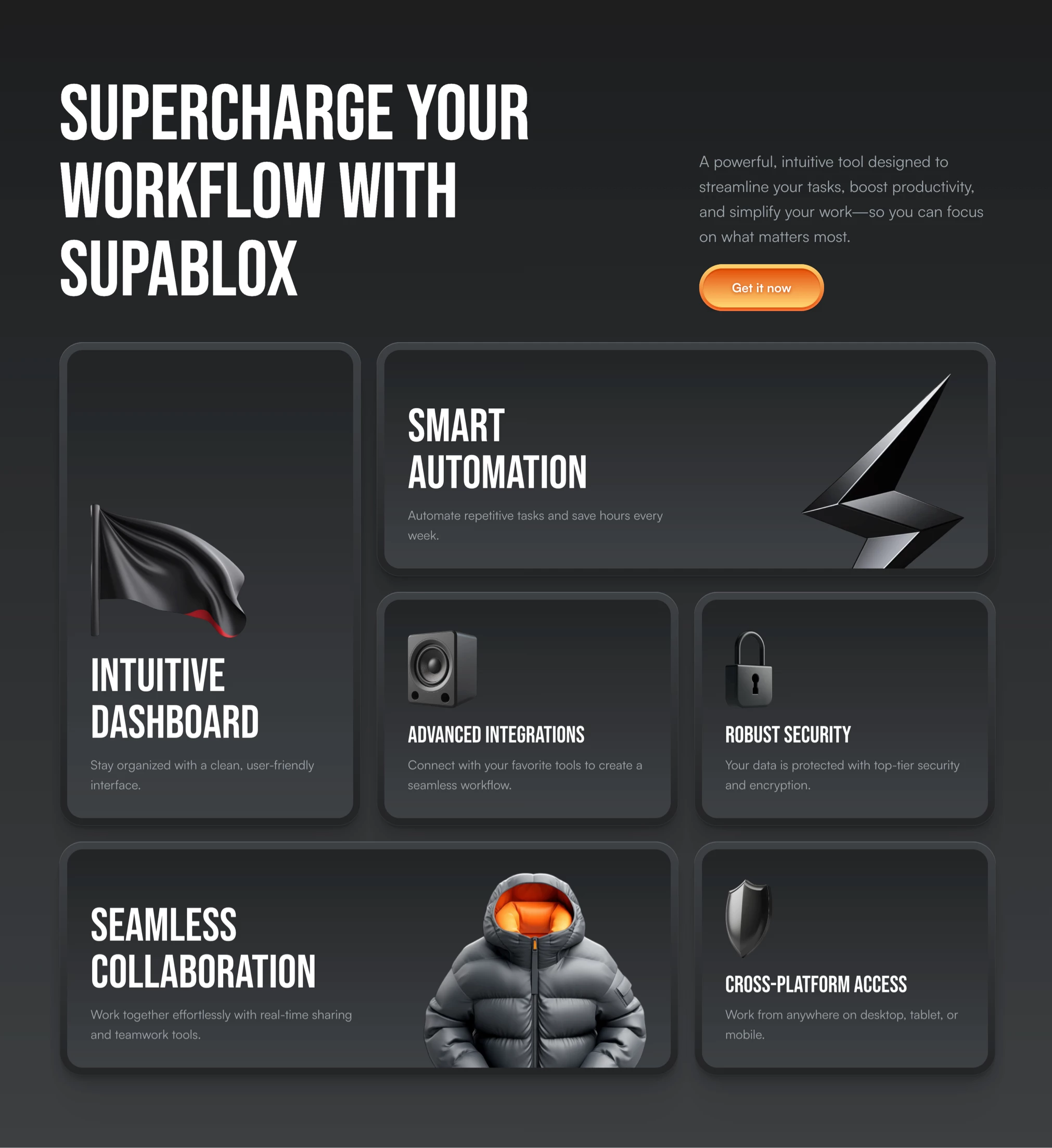 Dark Bento grid hero section for Framer 3d bento components cta dark framer grey grid header hero home icon landing orange section template ui ui design webdesign website