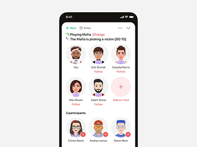 Stereo - Voice Social App / Playing Mafia avatar call character game gamification group call listeners live stream mafia mobile app podcast product design social app streaming talk talkers voice