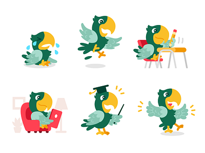 Pickatale mascot design animal bird branding cartoon character children cute digital flat friendly funny green illustration kids logo mascot parrot school tropical vector
