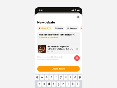 Stereo - Create Talk & Debate category create input link preview live stream mobile app music app overlay podcast popover popup product design social app talk voice message widget