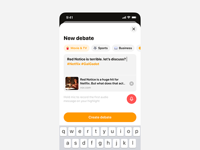 Stereo - Create Talk & Debate category create input link preview live stream mobile app music app overlay podcast popover popup product design social app talk voice message widget