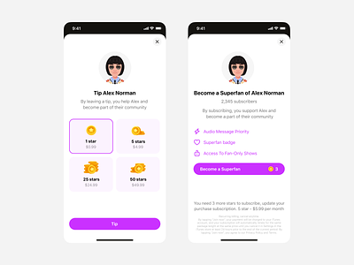 Stereo - Tip, Subscription and Superfan avatar confirmation screen donate donation fan funding fundraising mobile app payment product design social app subscription superfan support tip