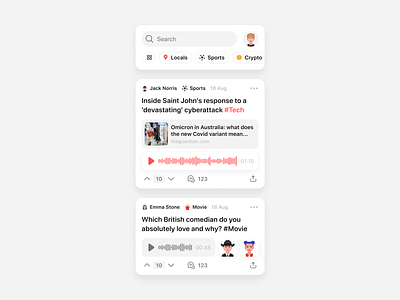 Stereo - Feed Components and Elements avatar call card ui category debate hashtag link preview listeners mobile app podcast product design search social app talk ui components ui elements voice voice message vote widget