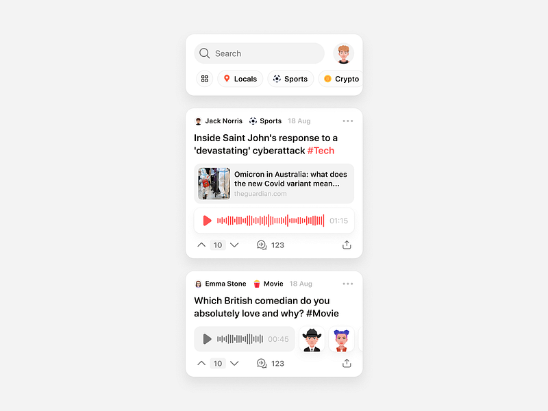 Stereo - Feed Components and Elements avatar call card ui category debate hashtag link preview listeners mobile app podcast product design search social app talk ui components ui elements voice voice message vote widget