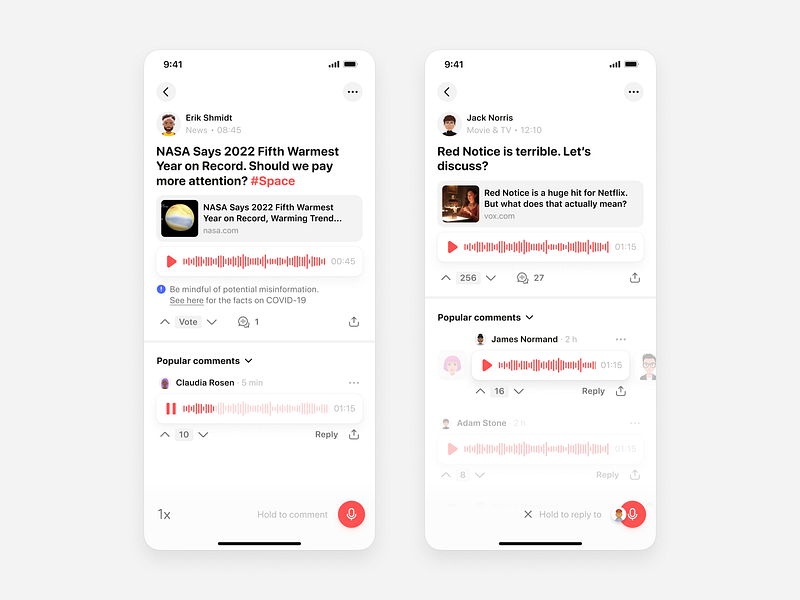 Stereo - Live Discussion Thread comments discussion link preview live message mobile ui podcast post product design reddit sharing social app stream thread voice voice message vote