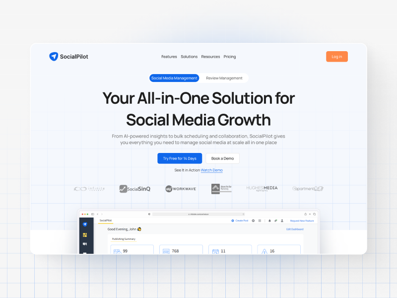 Landing page for a SaaS ✦ SocialPilot UI/UX branding clean design desktop graphic design hero section homepage illustration landingpage logo modernweb motion graphics product design saas ui uiux ux web webdesign website