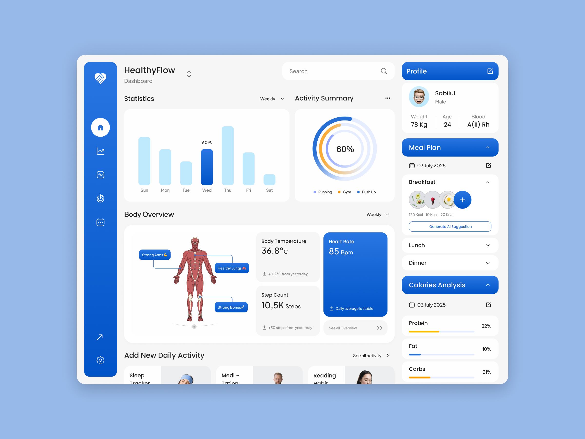 HealthyFlow - Health & Wellness Tracker Dashboard ai chart dashboard dashboard design design doctor fitness health health tracking healthcare medical medicine product design statistics track ui ux web design wellness wellness tracking