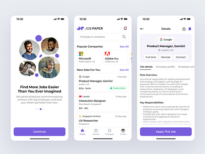 Job Paper — Job Search Mobile App UI Design app design job jobseeker mobile ui