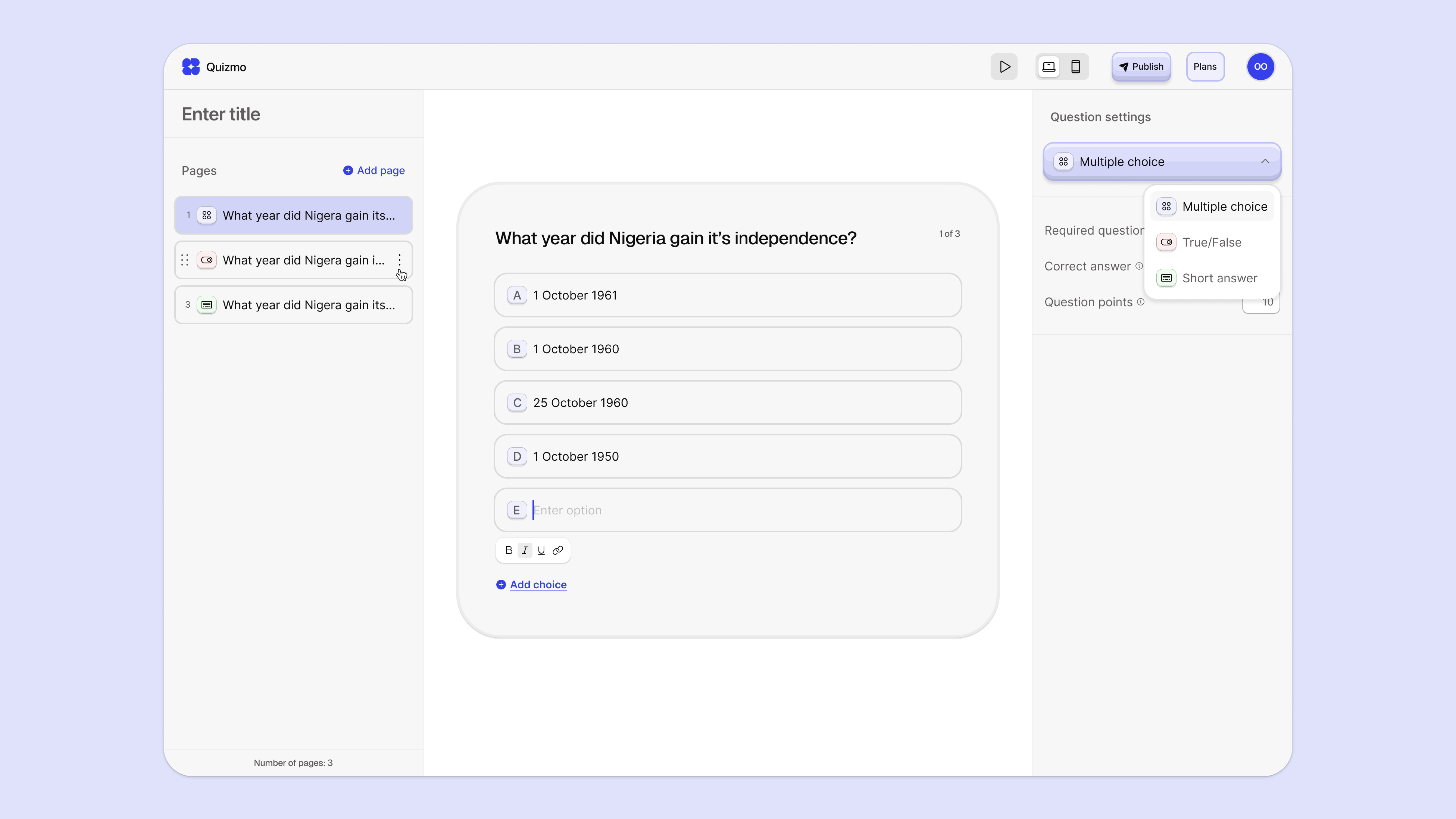 WIP for quiz creator tool app design form form creator quiz quiz creator ui user interface