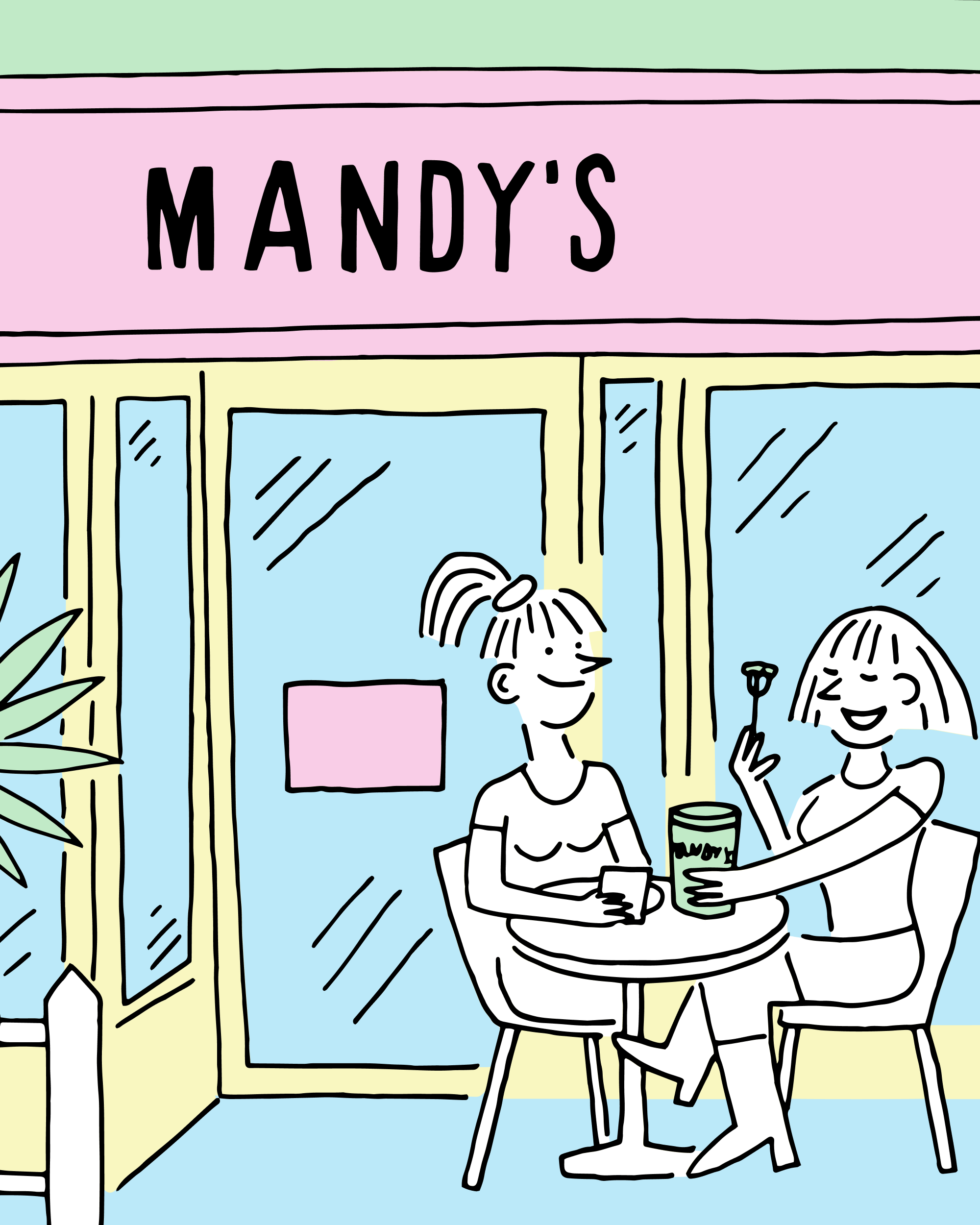 Mandy's blue dining dinner drawing friends illustration line art lunch pastel restaurant salad whimsical women yellow