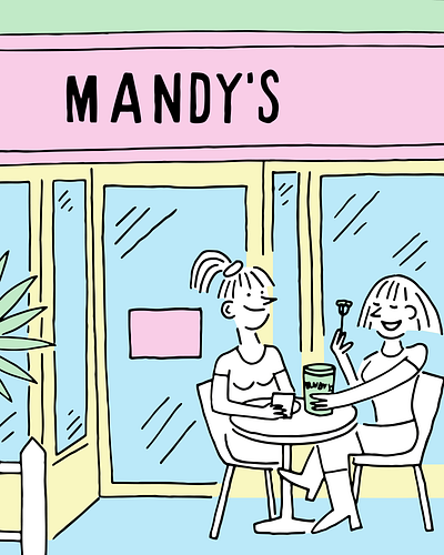 Mandy's blue dinner illustration line art pastel salad women yellow