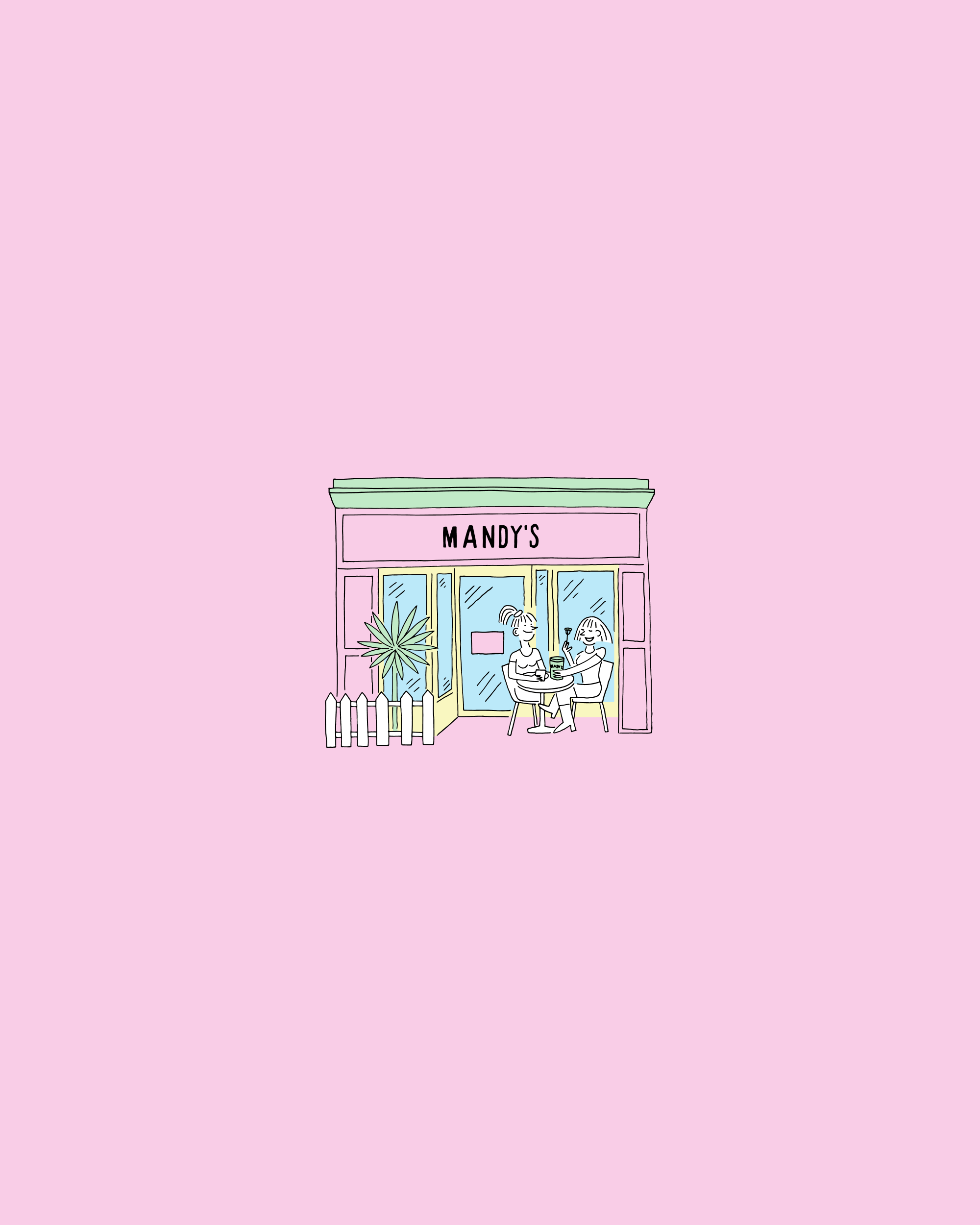Mandy's dinner drawing eating friends illustration line art lunch mandys minimal pastels pink restaurant salad simple whimsical