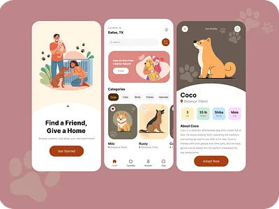 Pet Adoption Mobile App adoption animal app design dog graphic home mobile navigation tab on boarding pet ui user interface ux web