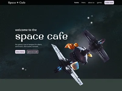 Web Design for a Space Cafe art branding cafe dark mode design figma food galaxy graphic design hero section illustration landing page landing page design logo space ui web design