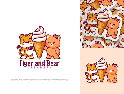 Tiger and Bear animal bear branding cartoon cat character cone cream cute flat ice ice cream illustration kawaii logo mascot polar tiger