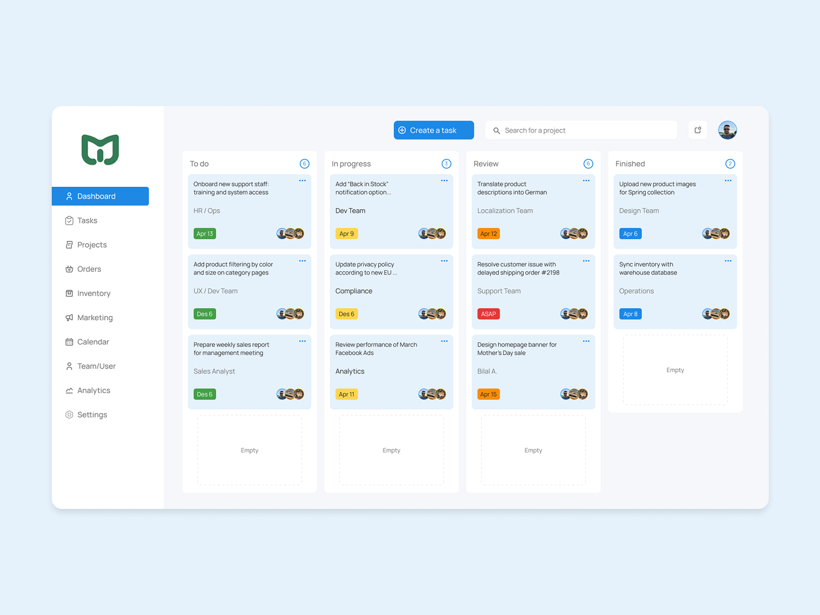 E-commerce Task Management Dashboard – Kanban View dashboard design kaban ui ux webdesign