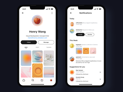 Profile and notification page | Whisker design instagram mobile modern notification profile simple social media ui white