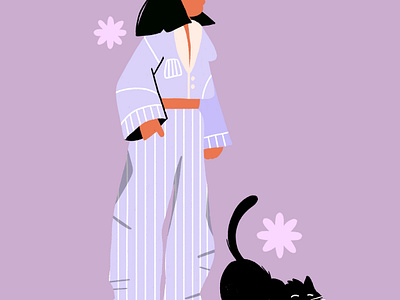 Pajama party art black cat cat cozy cute cat design flower funny cat graphic design illustration minimalistic art pajama pajama girl pajama party palette purple pajama simpleillustration sleep sleepy sleepy girl