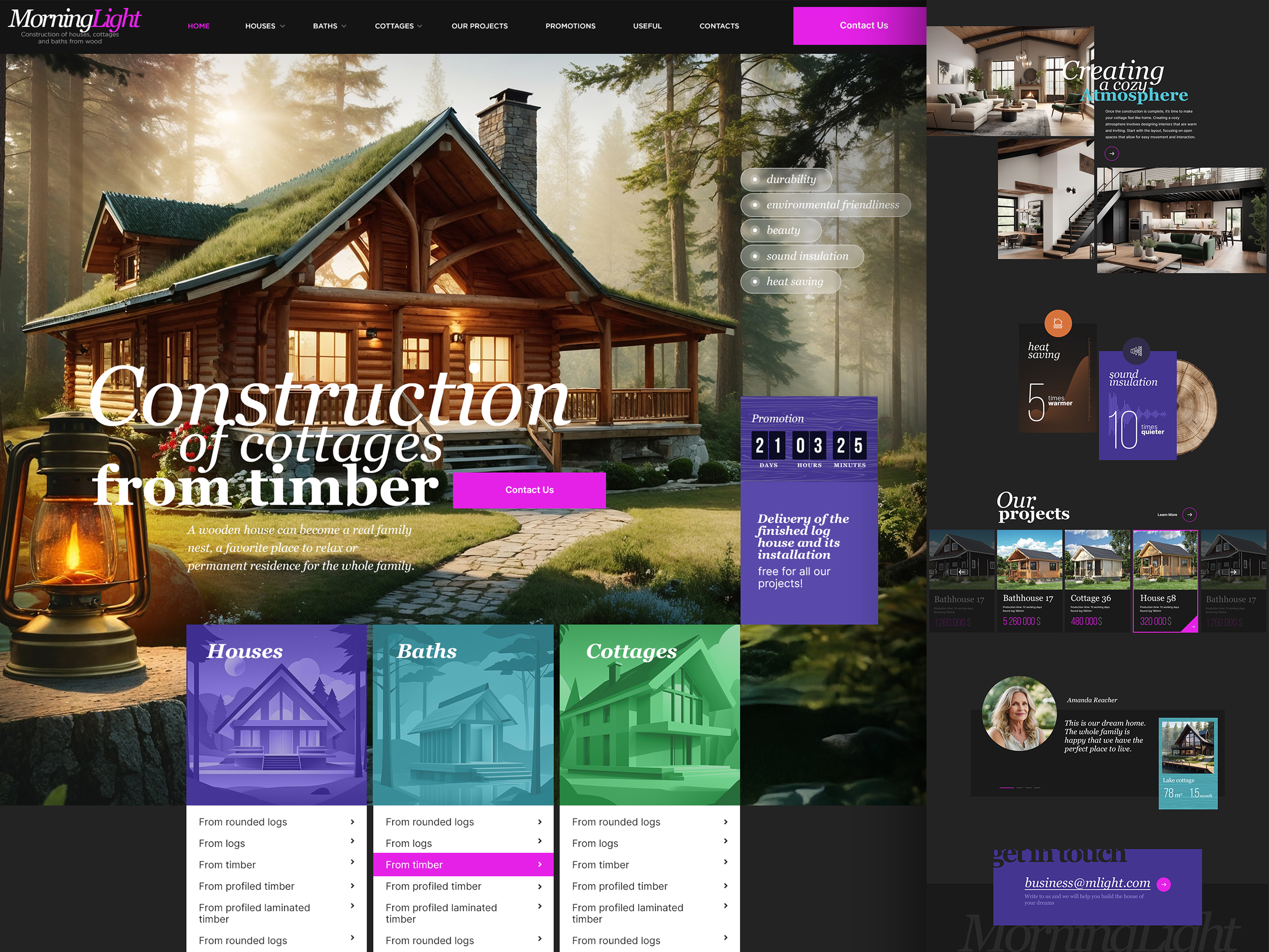 Construction of cottages from timber. Website design. architecture website construct construction website cottage website eco house homepage design landing page design modern web design real estate website sustainable construction timber timber house website ui design ux design web design website wood wooden house design