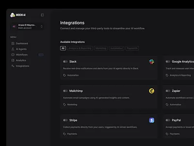 Mochi AI - Integration page agents ai app branding cards colors design illustration integration list logo mailchimp product design saas sidebar slack title ui ux