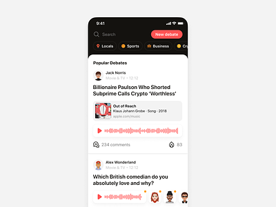 Stereo - Home Page / Feed avatar comments debate feed home page link preview live media mobile app music app podcast app post product design reactions social app streaming talk voice voice message