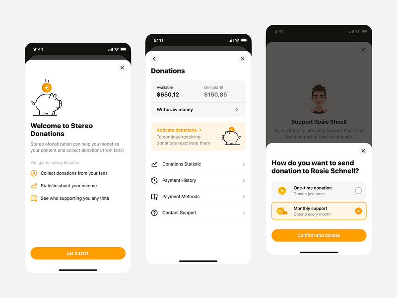 Stereo Donations avatar bank banking coins donate donations finance mobile app money payment podcast app product design social app statistics streaming subscription support tip