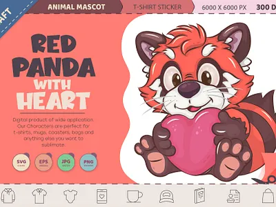 Cartoon Red Panda with Heart. T-Shirt, PNG, SVG. art bear cartoon character china comic design illustration mascot red panda sticker t shirt valentines day vector