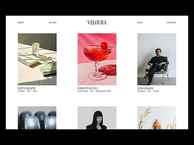 Veloura. Photographer portfolio website art direction branding design fashion gallery grid identity interior layout lifestyle menu minimalism photographer photos type typography ui web website whitespace