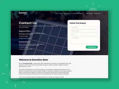 SumnSon Solar System blue branding commercial contact us page design figma green indistrial landing page public places pune residential responsive design solar energy solar hot water solar panel startup web design