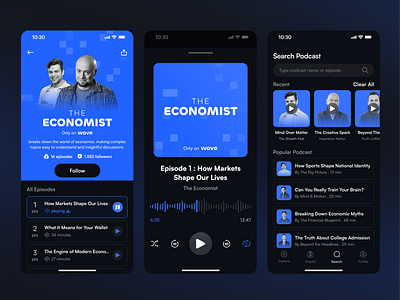 Wave — Podcast App UI Design for Modern Listeners app audio blue dark darkmode design minimalist mobile podcast sound ui ux