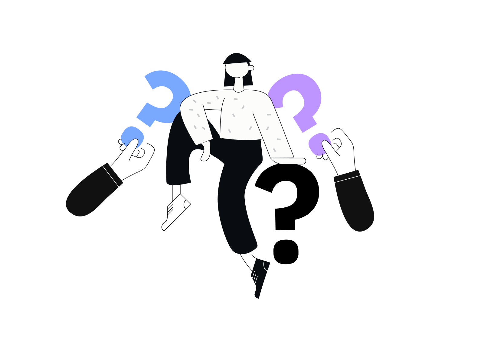 Questions? accent black character faq hand hands illustration line lines minimal questionmark questions vector white