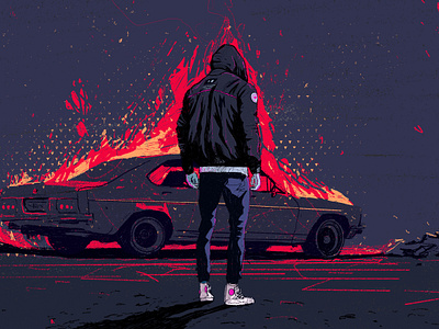 Pink Killer x2 burning car character editorial illustration illustration illustrator people portrait portrait illustration