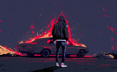 Pink Killer x2 burning car character editorial illustration illustration illustrator people portrait portrait illustration