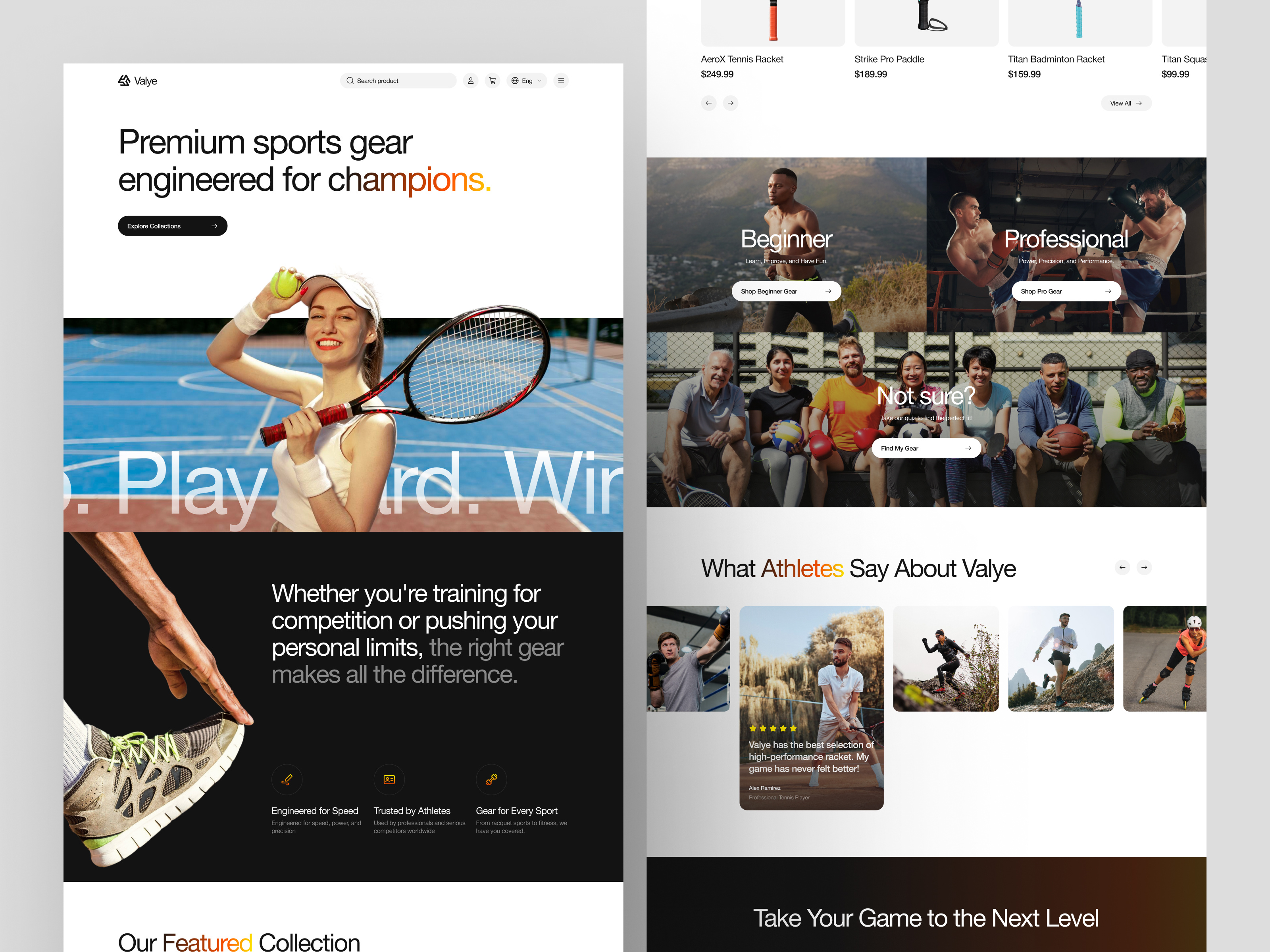 Valye - Sports Equipment Ecommerce athlete boxing ecommerce equipments gearstore landing page minimal premium sports sportswebsite tennis ui ui design uiux web design workout