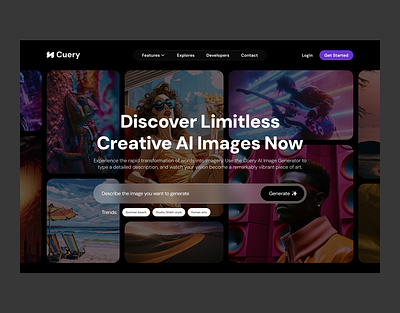 Cuery AI: Text-to-Image AI Generator! ai ai generator bento bento grid branding creative design desktop app graphic design hero header hero section logo product design text to image ui ux web3