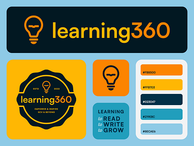 Learning360 Brand Package badge logo book brand package brandmark bright colors bright logo education education logo kid logo learn lightbulb modern orange school school logo student teacher yellow