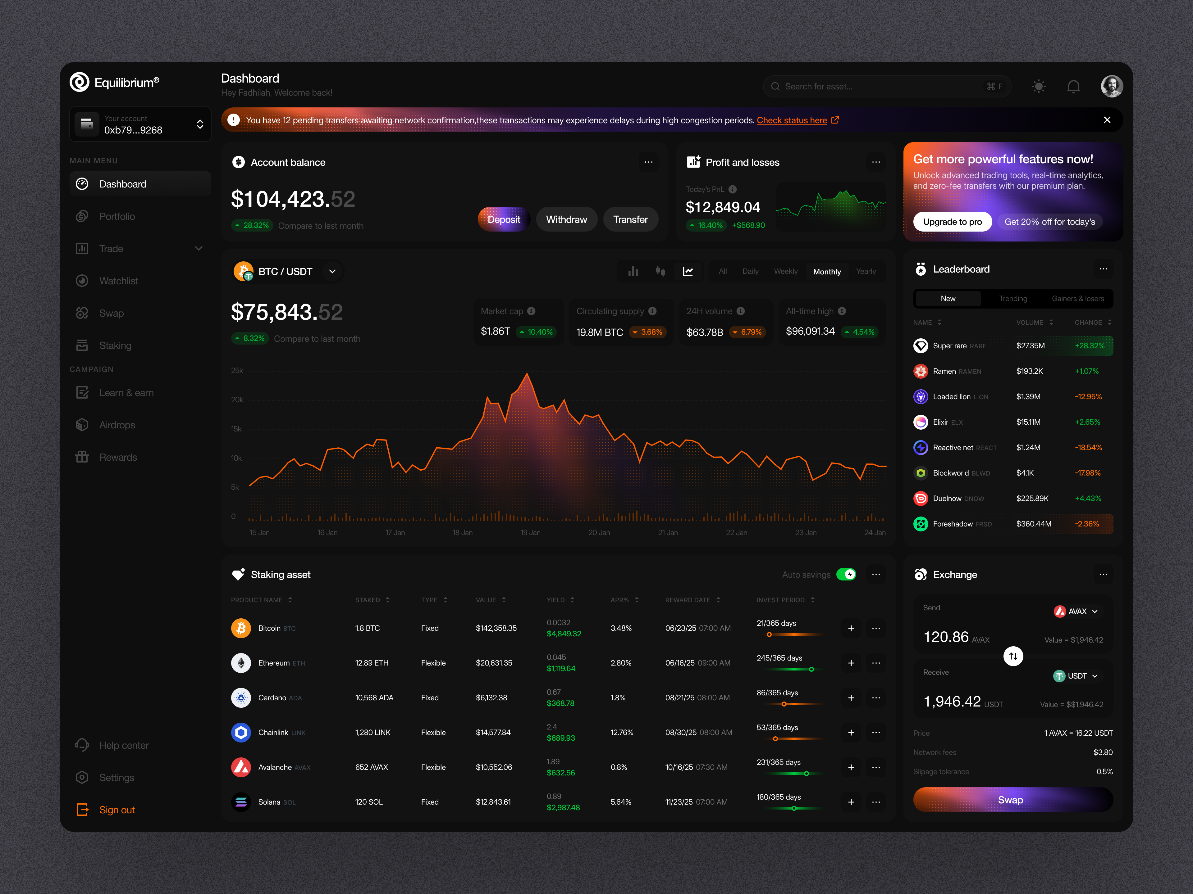 Equilibrium - Crypto exchange dashboard 💠 chart crypto currency dashboard exchange finance market money swap token ui ux