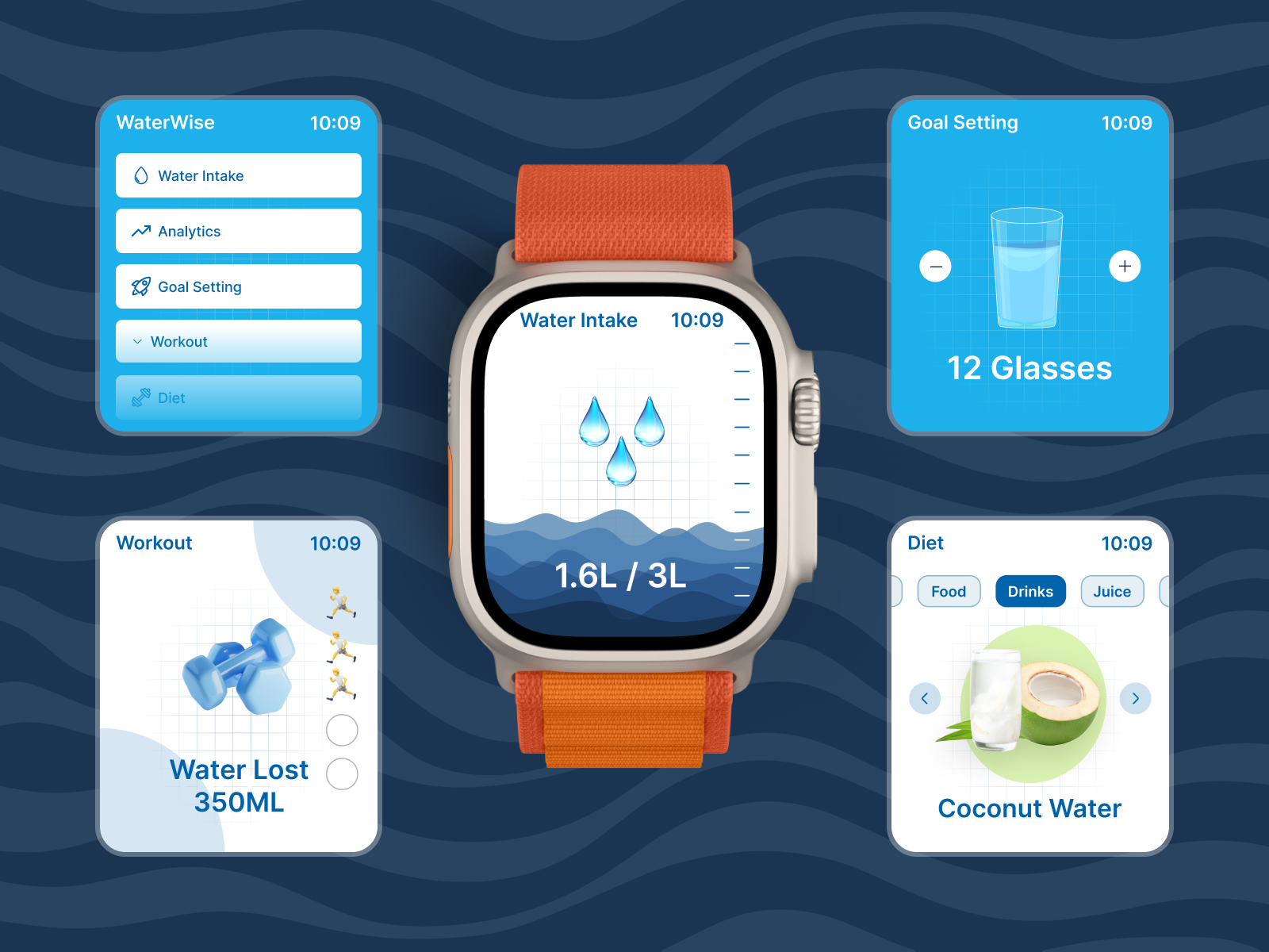 WaterWise — Your Smart Hydration Companion 💧 animation appdesigninspo branding cleanui dribbbledesign figmadesign fitnessapp healthtech hydrationapp mobiledashboard smartwatchui uiux uxinspiration watertracker wellnessapp