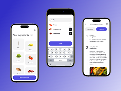 Cooking by ingredients app clean clean ui cook cooking design figma interface ios14 mobile app purple recipe recipes steps trending ui ui design ux ux design violet