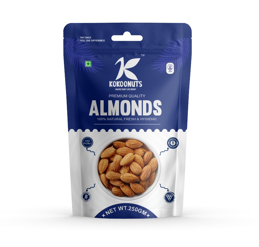 Kokoonuts Almonds Pouch Design almond almond packaging design almond pouch design box design branding dry fruits dry fruits packaging dry fruits packaging design graphic design kokoonuts almonds pouch design label design logo desig logo design mockup mockup design pouch design