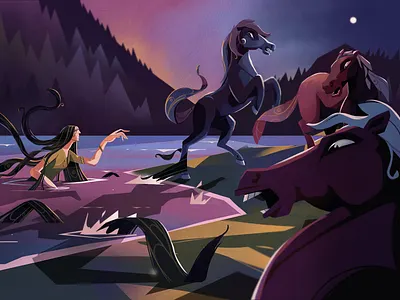 The Witch and the Wild Ride 2d illustration book book illustration character character design design editorial fantasy art flat hair horse horses magic mysticalcreatures night river witch