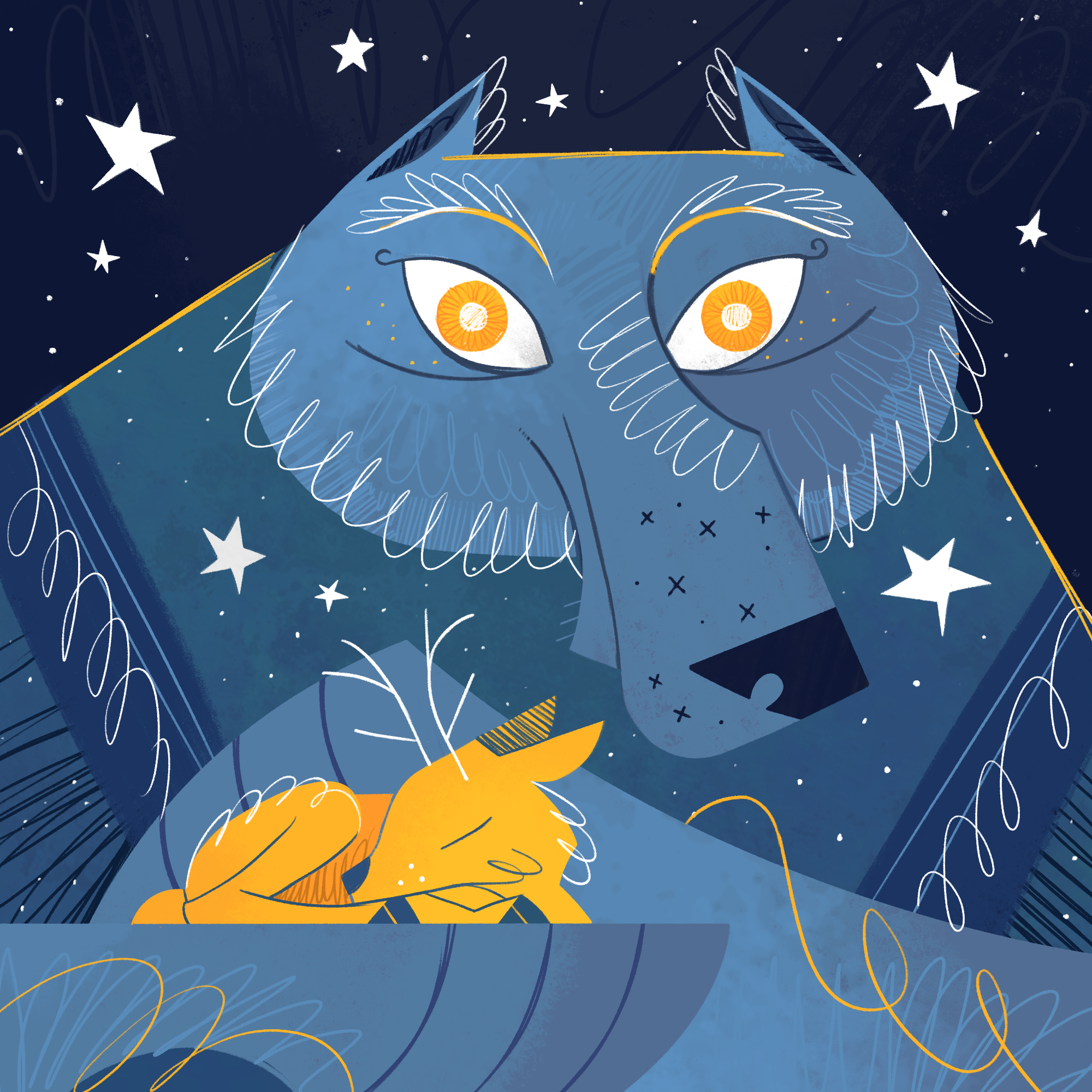 Dream 2d illustration animal book art book illustration character character design deer design dream fantasy illustration kids illustration night wolf