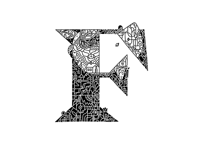 Whalphabet #06 | Letter F | Flux 36 days of type alphabet black white blockchain doodle ethereum eye f graphic design illustration ink letter letter f lettering lighthouse line maze planet whale