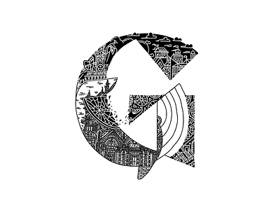 Whalphabet #07 | Letter G | Gate 36 days of type black white blockchain design detective doodle ethereum g graphic design illustration ink letter letter g lettering nft siena song stairs whale